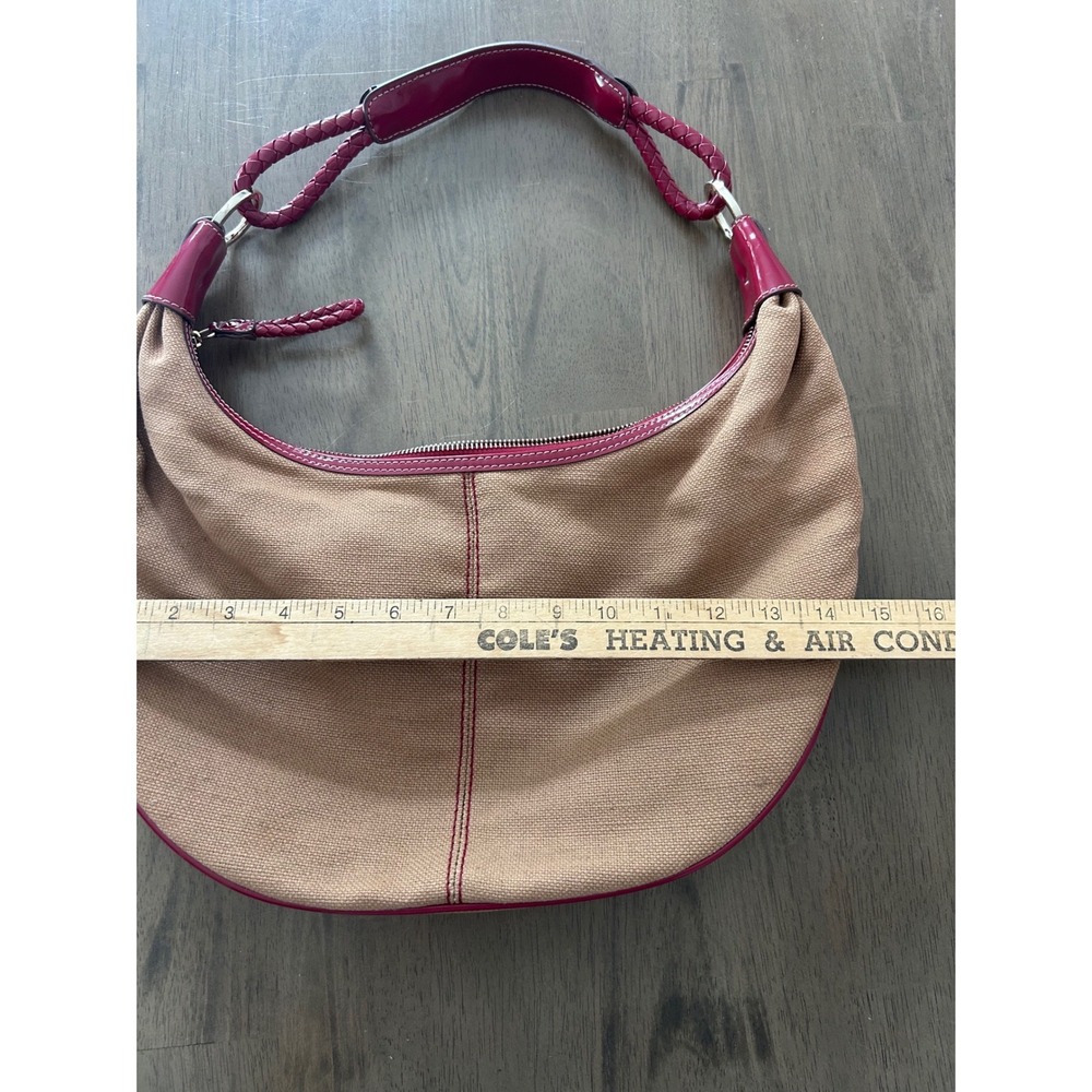 Liz Claiborne Tan Canvas Burgundy Patent Leather Braided Strap Hobo Bag - Picture 5 of 9